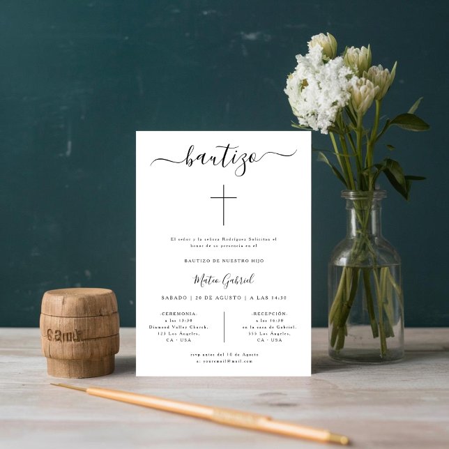 Clean Formal Spanish Baptism Black & White Bautizo Invitation (Creator Uploaded)