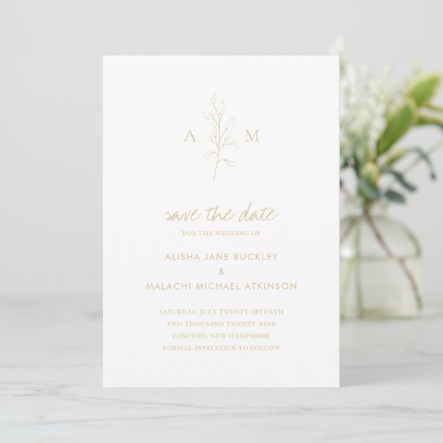Clean Gold Botanical Elegant Wedding Save The Date (Standing Front)
