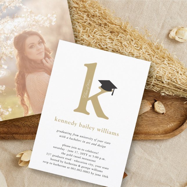 Clean Gold Typography Initial 'K' Senior Graduate Invitation (Creator Uploaded)