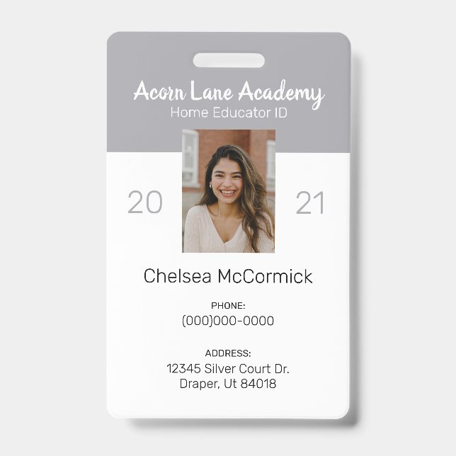 Clean Grey Homeschool Educator ID Badge (Front)