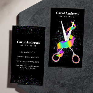Clean Holographic Ribbon & Scissors Hair Stylist Business Card