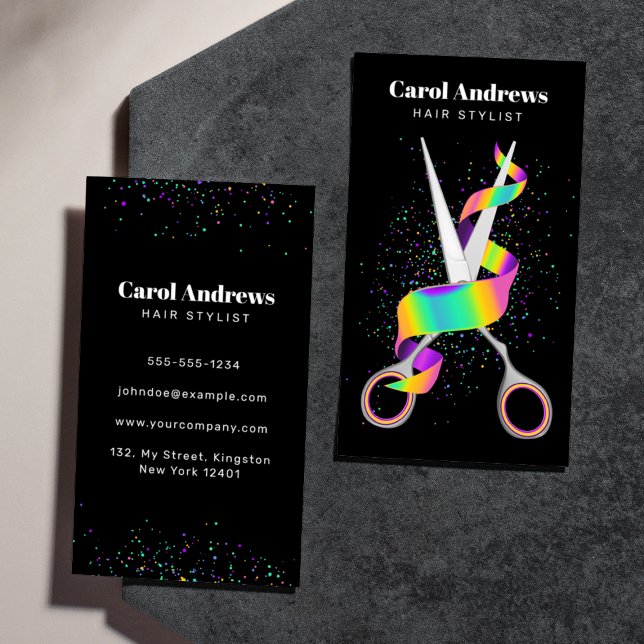 Clean Holographic Ribbon & Scissors Hair Stylist  Business Card (Creator Uploaded)