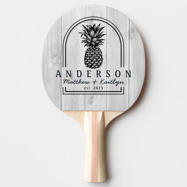Clean Light Gray Wood Pineapple Wedding Arch &Name Ping Pong Paddle (Front)