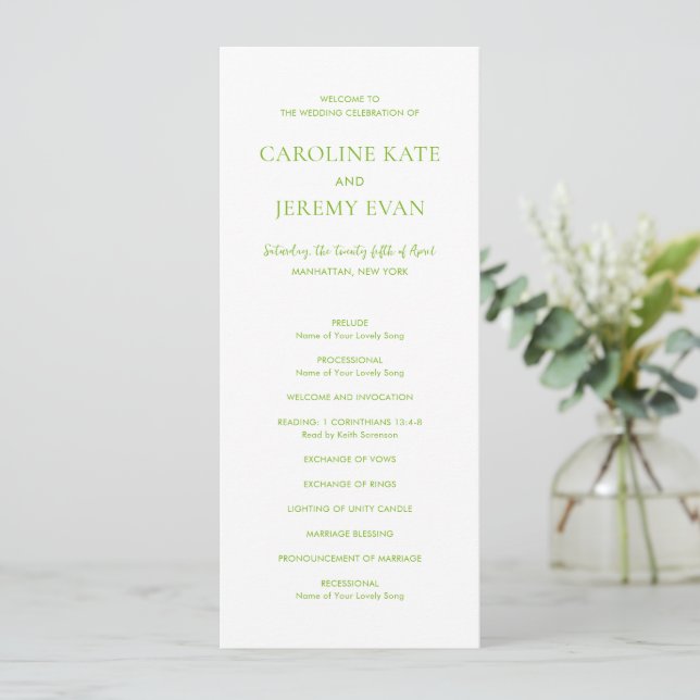 Clean Lime Green Elegant Wedding Program (Standing Front)