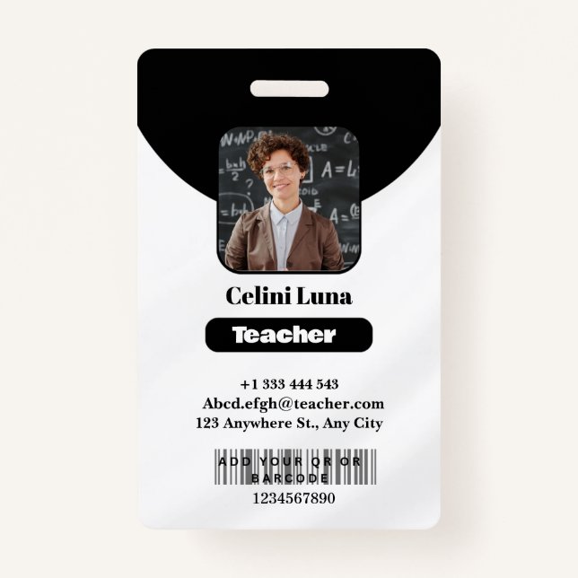 Clean Lines & Class: Minimalist Black Teacher ID Badge (Front)