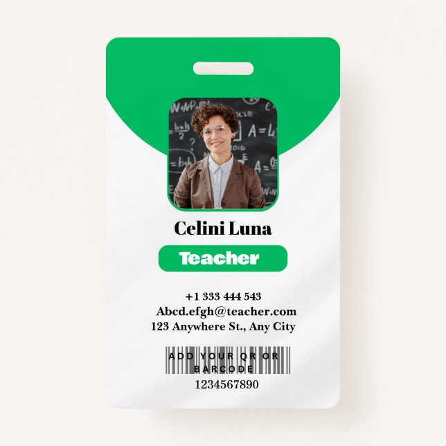Clean Lines & Class: Minimalist Green Teacher ID Badge (Front)