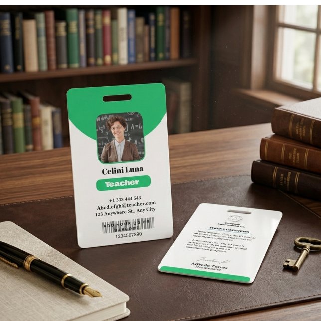 Clean Lines & Class: Minimalist Green Teacher ID Badge (Minimalist Green Teacher Photo ID Badge with Simple White Typography)