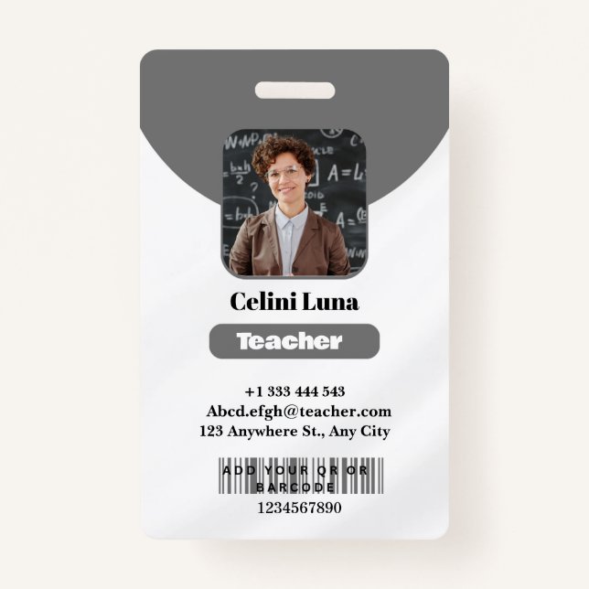 Clean Lines & Class: Minimalist Grey Teacher ID Badge (Front)