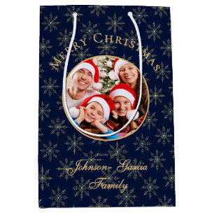 Clean Midnight Blue Gold Snowflakes Christmas Medium Gift Bag
