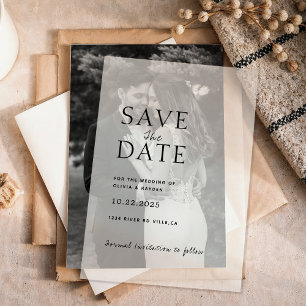 Clean Minimal Script Photo Wedding Save the Date Vellum Invitations