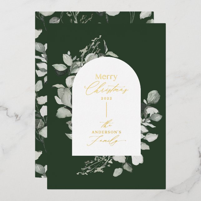 Clean modern elegant botanical green grey foil hol foil holiday card (Front/Back)