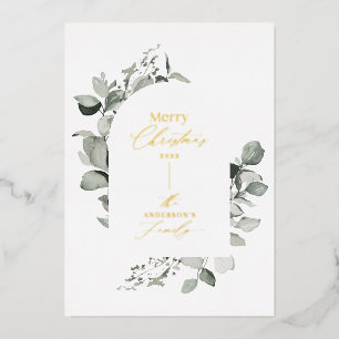 Clean modern elegant botanical green grey foil holiday card