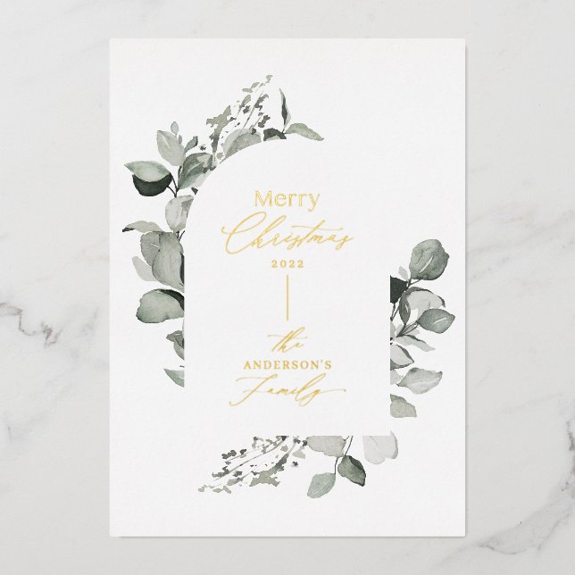 Clean modern elegant botanical green grey foil holiday card (Front)