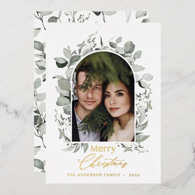 Clean modern elegant botanical green grey photo foil holiday card (Front/Back)
