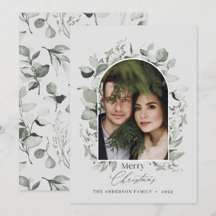 Clean modern elegant botanical green grey photo ho holiday card