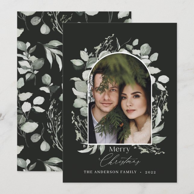 Clean modern elegant botanical green grey photo holiday card (Front/Back)