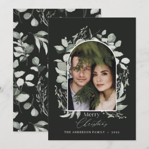 Clean modern elegant botanical green grey photo holiday card