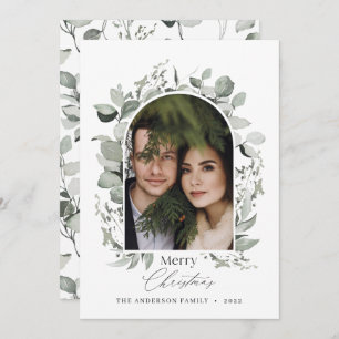 Clean modern elegant botanical green grey photo holiday card