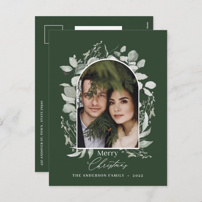 Clean modern elegant botanical green photo holiday postcard (Front/Back)