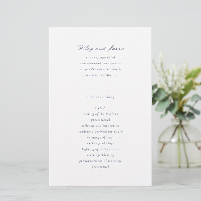 Clean Navy Blue Elegant Wedding Program (Standing Front)