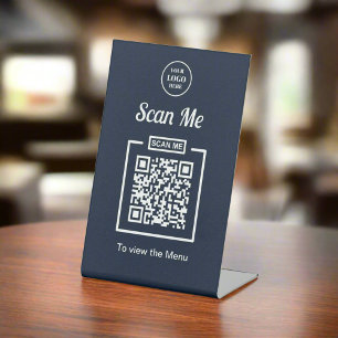 Clean Navy Blue Scan QR Code Business Logo Pedestal Sign