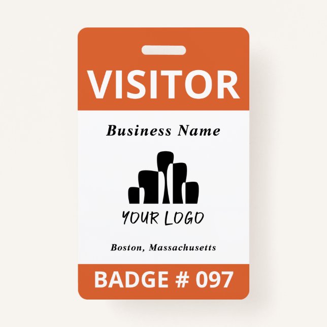 Clean Orange White Visitor Logo Template Badge (Front)