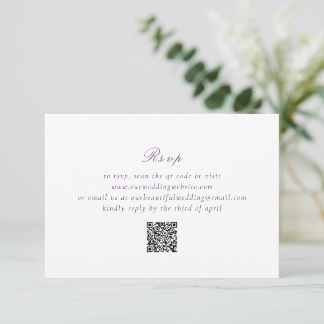 Clean Purple QR Code Elegant Wedding RSVP Card (Standing Front)