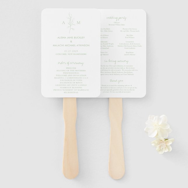 Clean Sage Green Botanical Elegant Wedding Program Hand Fan (Front and Back)
