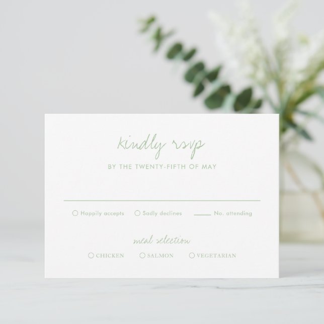 Clean Sage Green Botanical Elegant Wedding RSVP Card (Standing Front)