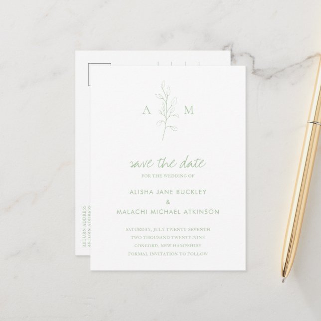 Clean Sage Green Botanical Wedding Save the Date Announcement Postcard (Front/Back In Situ)