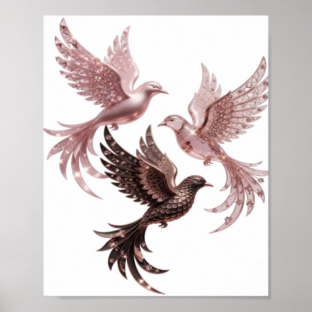 Clean Silver THREE ROSE GOLD BIRDS Poster (Front)