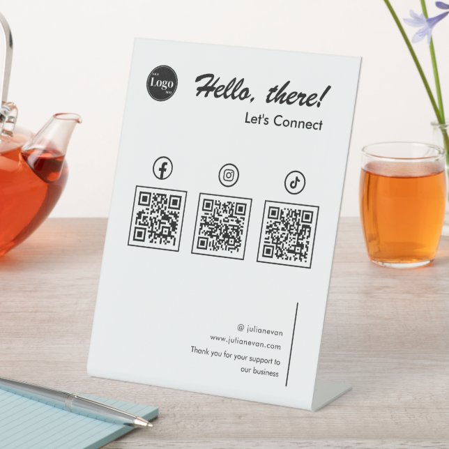 Clean Simple Minimalist Social Media 3 QR Codes Pedestal Sign (In SItu)