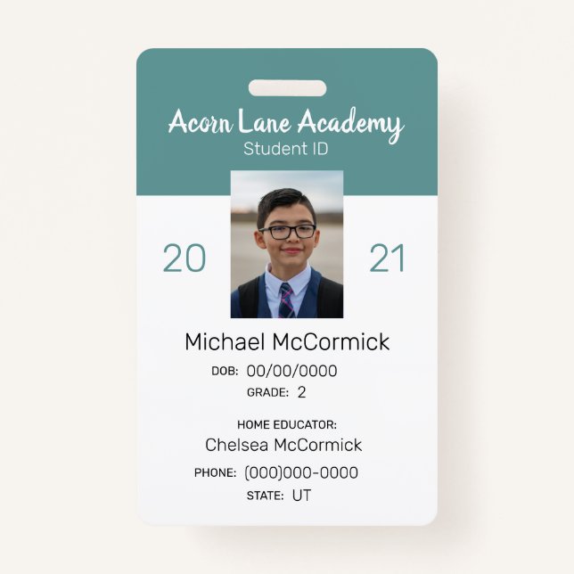 Clean Teal Homeschool Student ID Badge (Front)