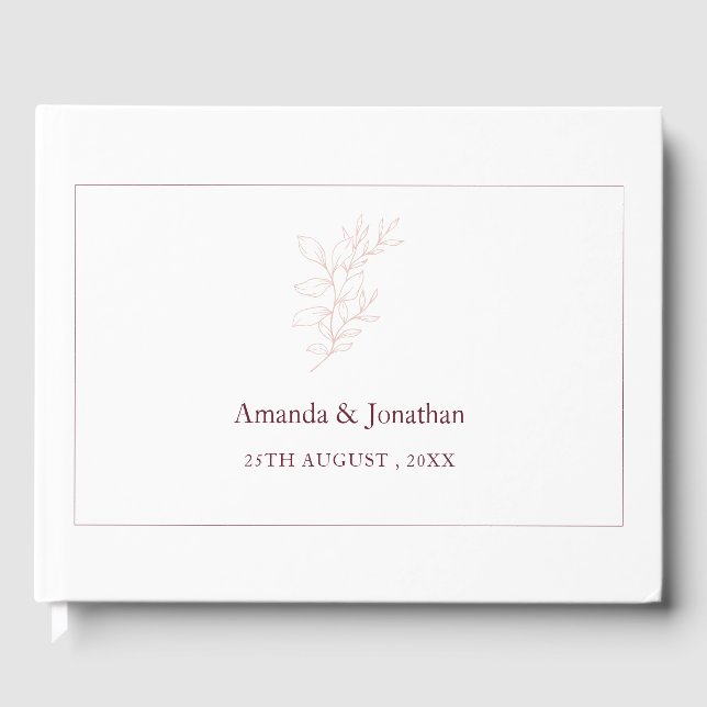 Clean White and Pink Simple Leaf | Modern Wedding Guest Book (Front)