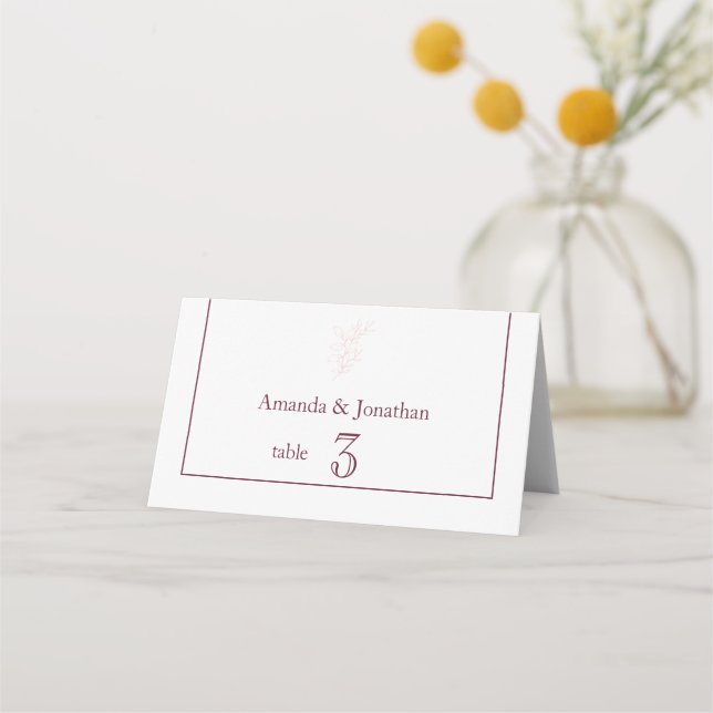 Clean White and Pink Simple Leaf | Modern Wedding Place Card (Front)
