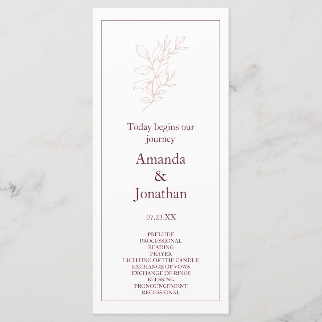 Clean White and Pink Simple Leaf | Modern Wedding Program (Front)