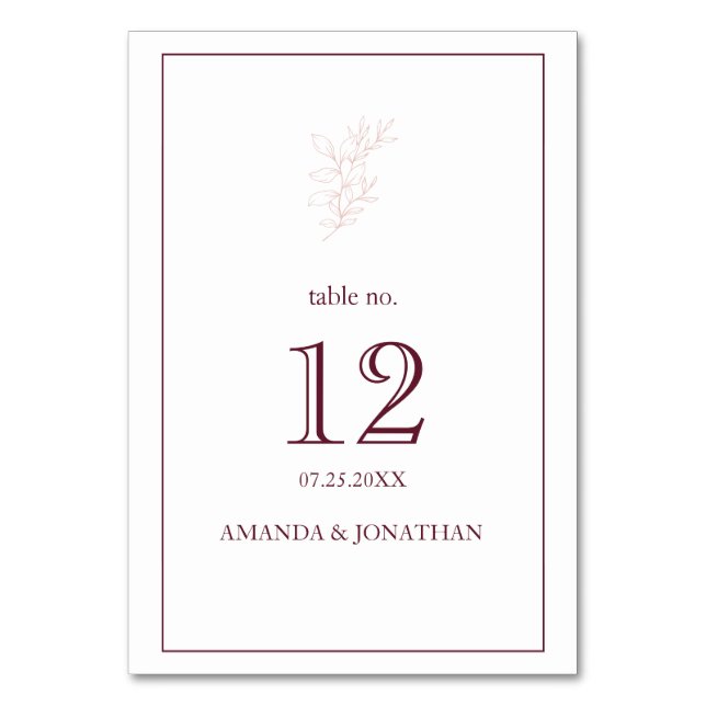 Clean White and Pink Simple Leaf | Modern Wedding  Table Number (Front)