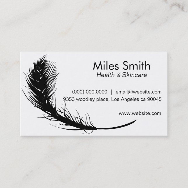 Clean White Background Black Feather Simple Design Business Card (Front)