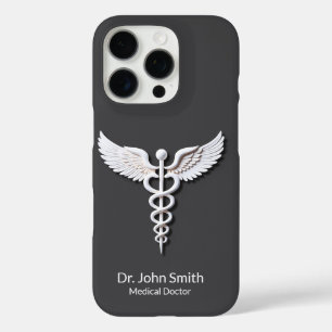Clean White Detailed Caduceus Warm Grey Medical iPhone 16 Pro Case