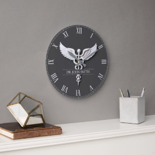 Clean White Detailed Medical Caduceus Anthracite Large Clock