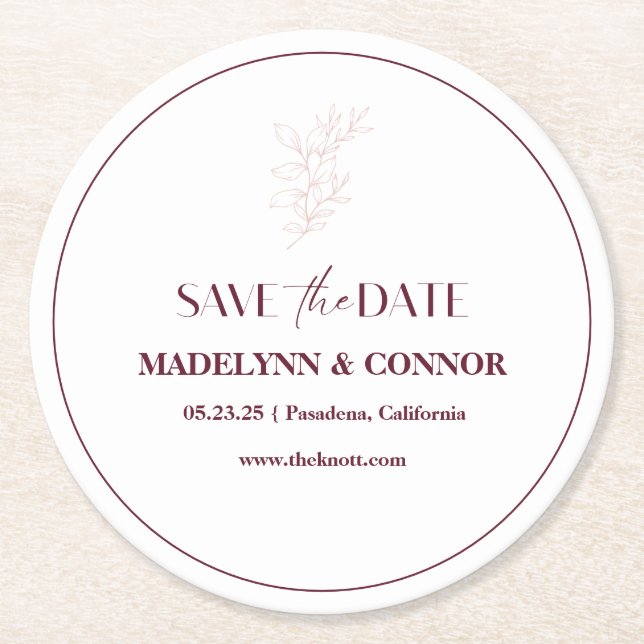 Clean White Pink Simple Leaf Wedding Save the Date Round Paper Coaster (Front)