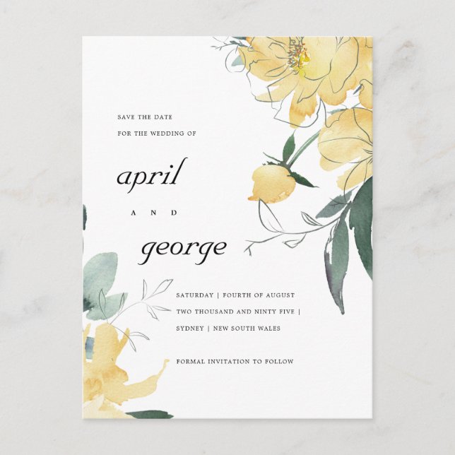CLEAN YELLOW GREEN FLORAL SAVE THE DATE CARD (Front)