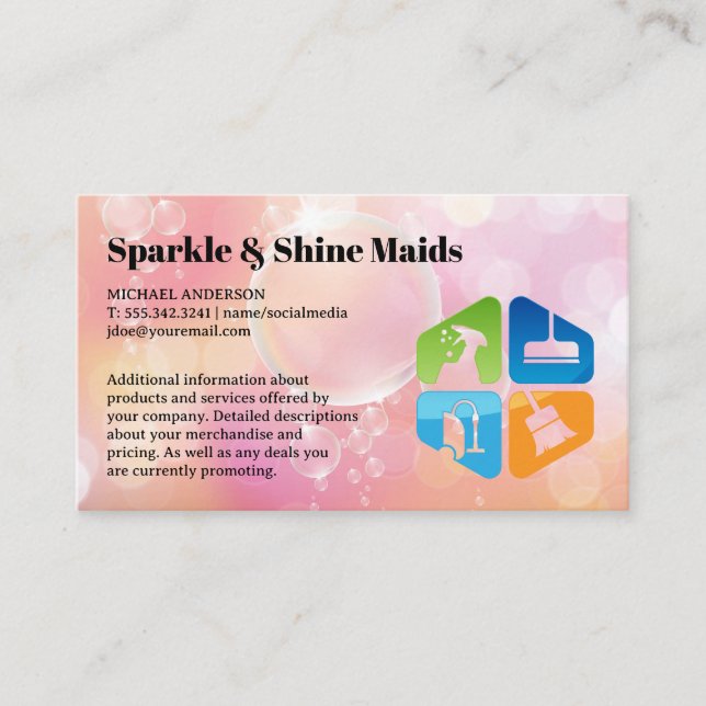 Cleaner Services Icons | Soap Bubbles Background  Business Card (Front)