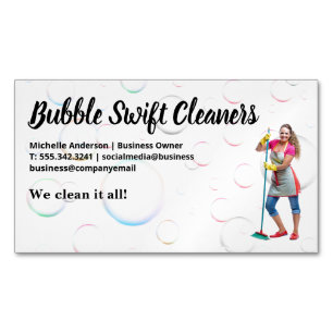 Cleaner with Broom Smiling   Bubbles Magnetic Business Card