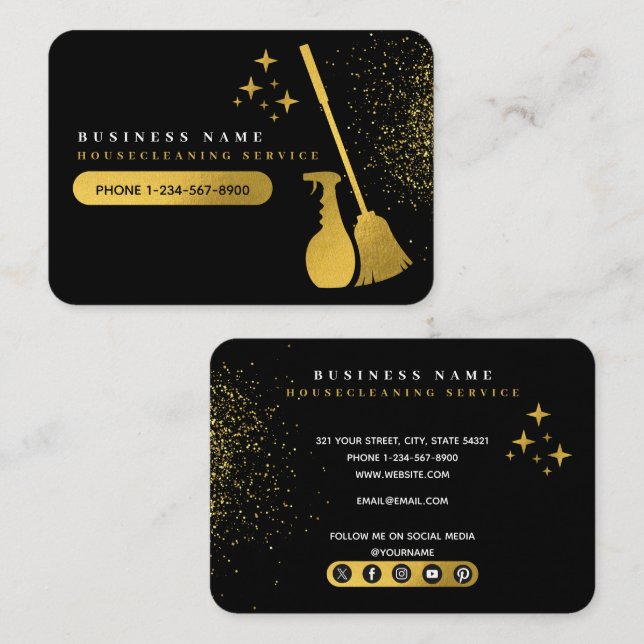 Cleaning Black & Gold Social Media Icons Business Card (Front/Back)