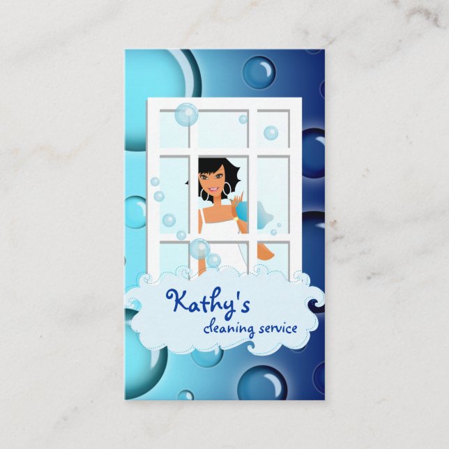 Cleaning Business Card blue Bubbles Black Hair (Front)