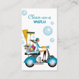Cleaning Business Card Scooter Girl Blue White