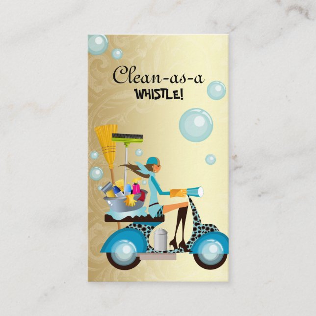 Cleaning Business Card Scooter Girl Gold (Front)