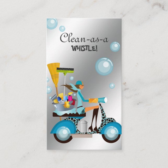 Cleaning Business Card Scooter Girl Silver (Front)