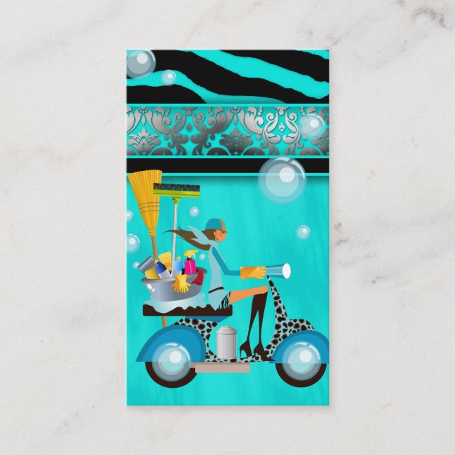 Cleaning Business Card Scooter Girl Silver Damask (Front)